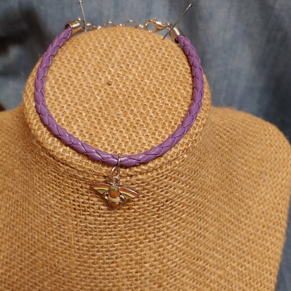 Purple leather adjustable braided cord bracelet